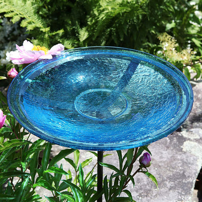 Achla Designs 14 Inch Hand Blown Crackle Glass Birdbath with Metal Stake, Teal