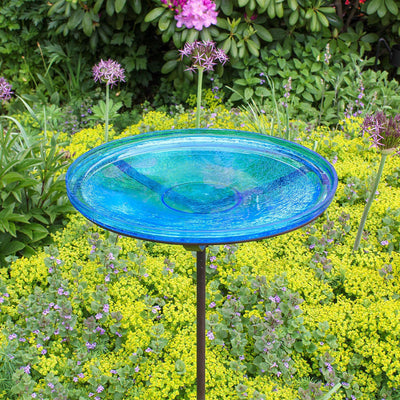Achla Designs 14 Inch Hand Blown Crackle Glass Birdbath with Metal Stake, Teal