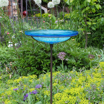Achla Designs 14 Inch Hand Blown Crackle Glass Birdbath with Metal Stake, Teal