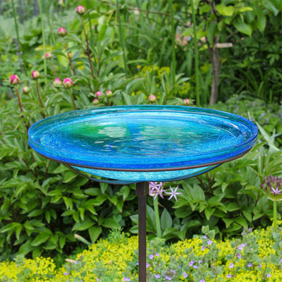 Achla Designs 14 Inch Hand Blown Crackle Glass Birdbath with Metal Stake, Teal