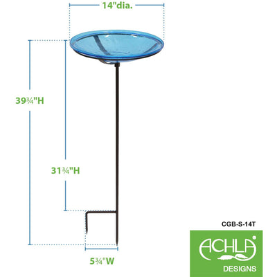 Achla Designs 14 Inch Hand Blown Crackle Glass Birdbath with Metal Stake, Teal