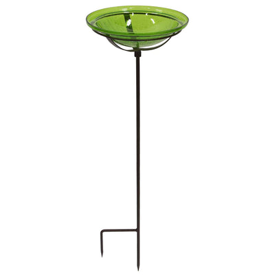 Achla Designs 12 Inch Hand Blown Crackle Glass Birdbath with Stake, Fern Green