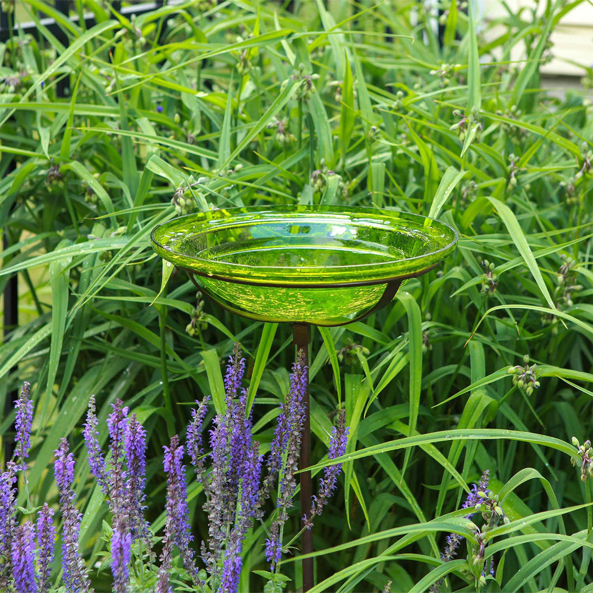 Achla Designs 12 Inch Hand Blown Crackle Glass Birdbath with Stake, Fern Green