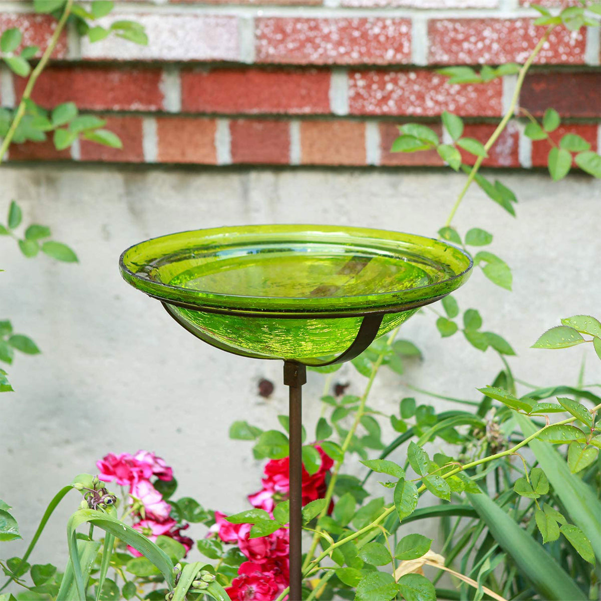 Achla Designs 12 Inch Hand Blown Crackle Glass Birdbath with Stake, Fern Green