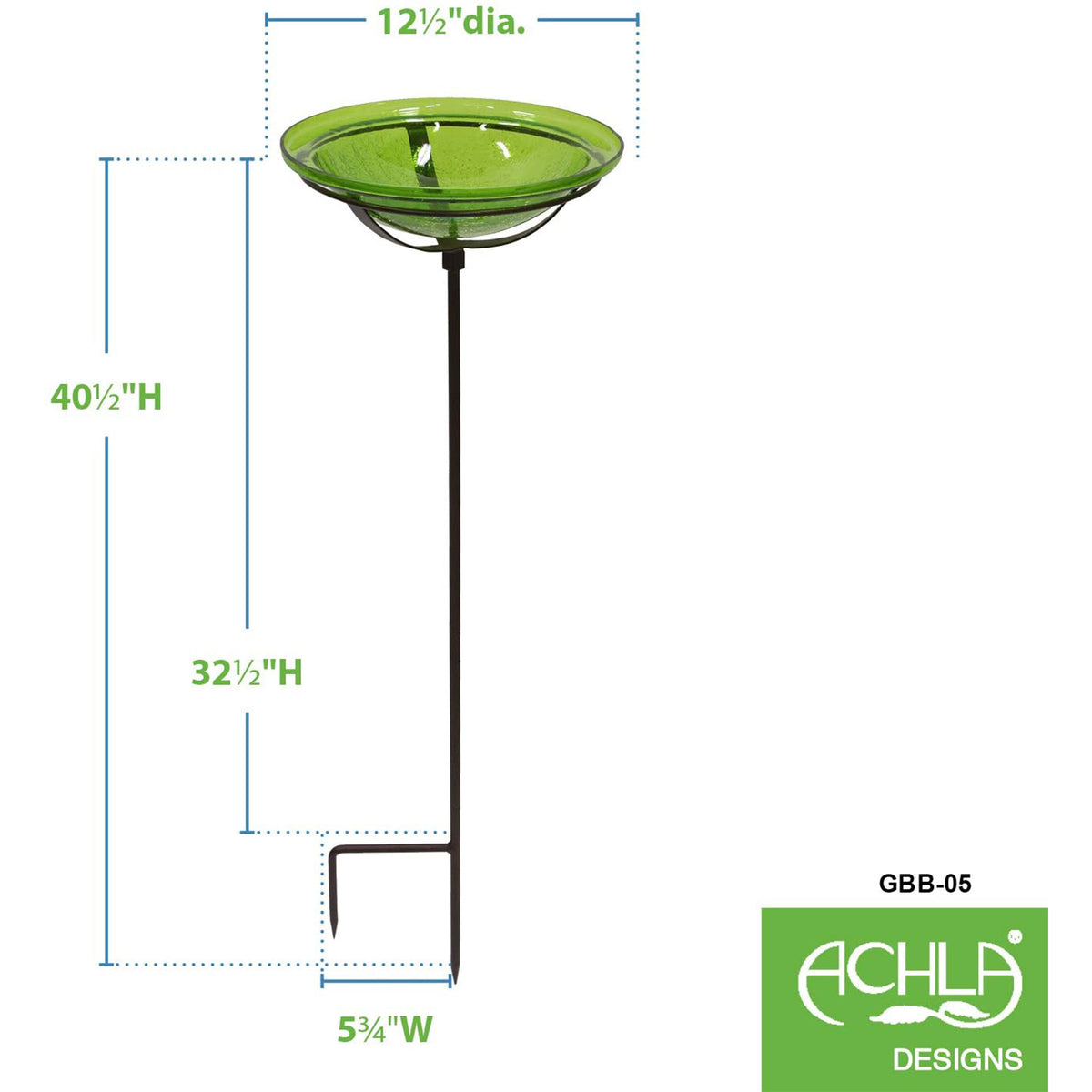 Achla Designs 12 Inch Hand Blown Crackle Glass Birdbath with Stake, Fern Green