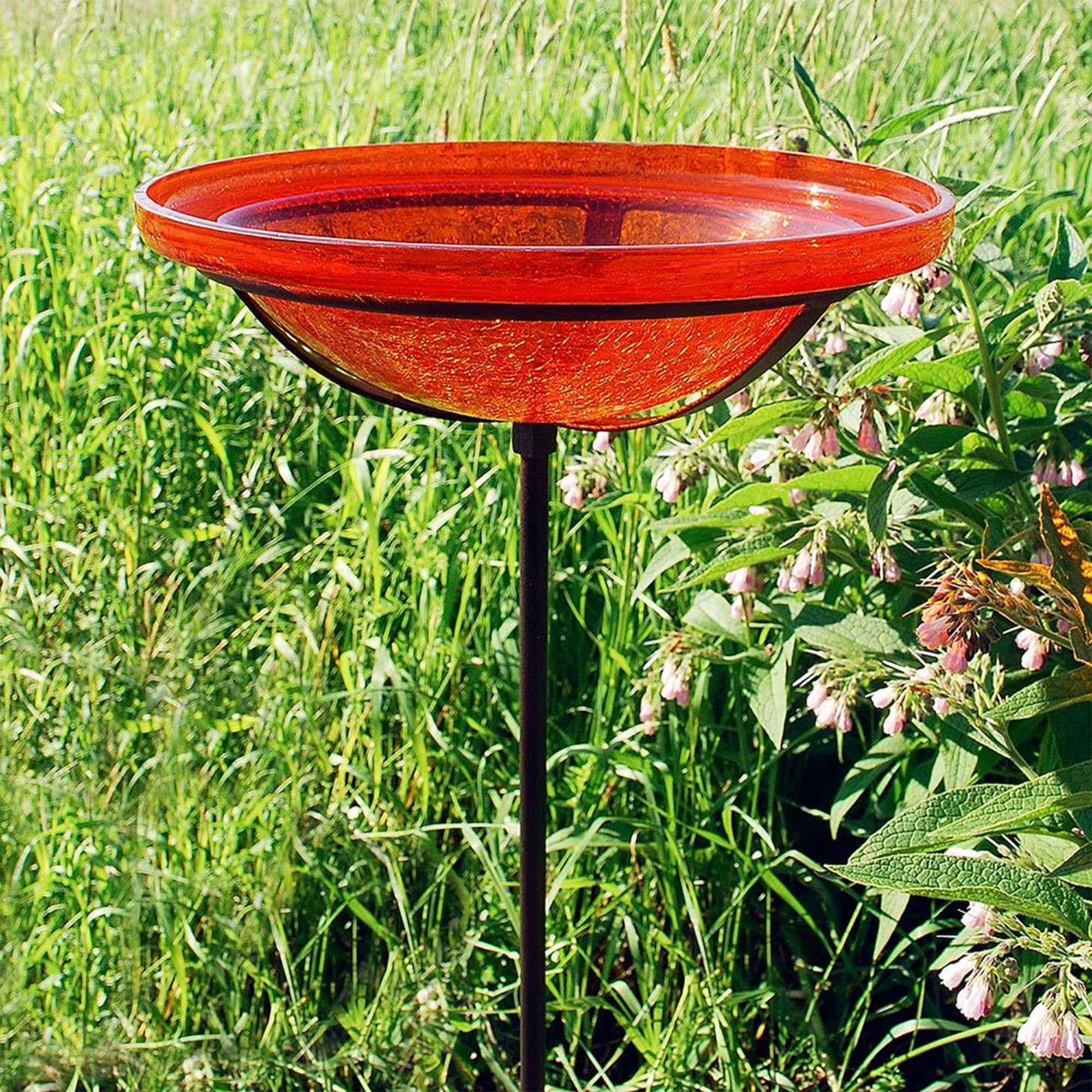 Achla Designs 12 Inch Hand Blown Crackled Glass Birdbath with Stake, Mandarin