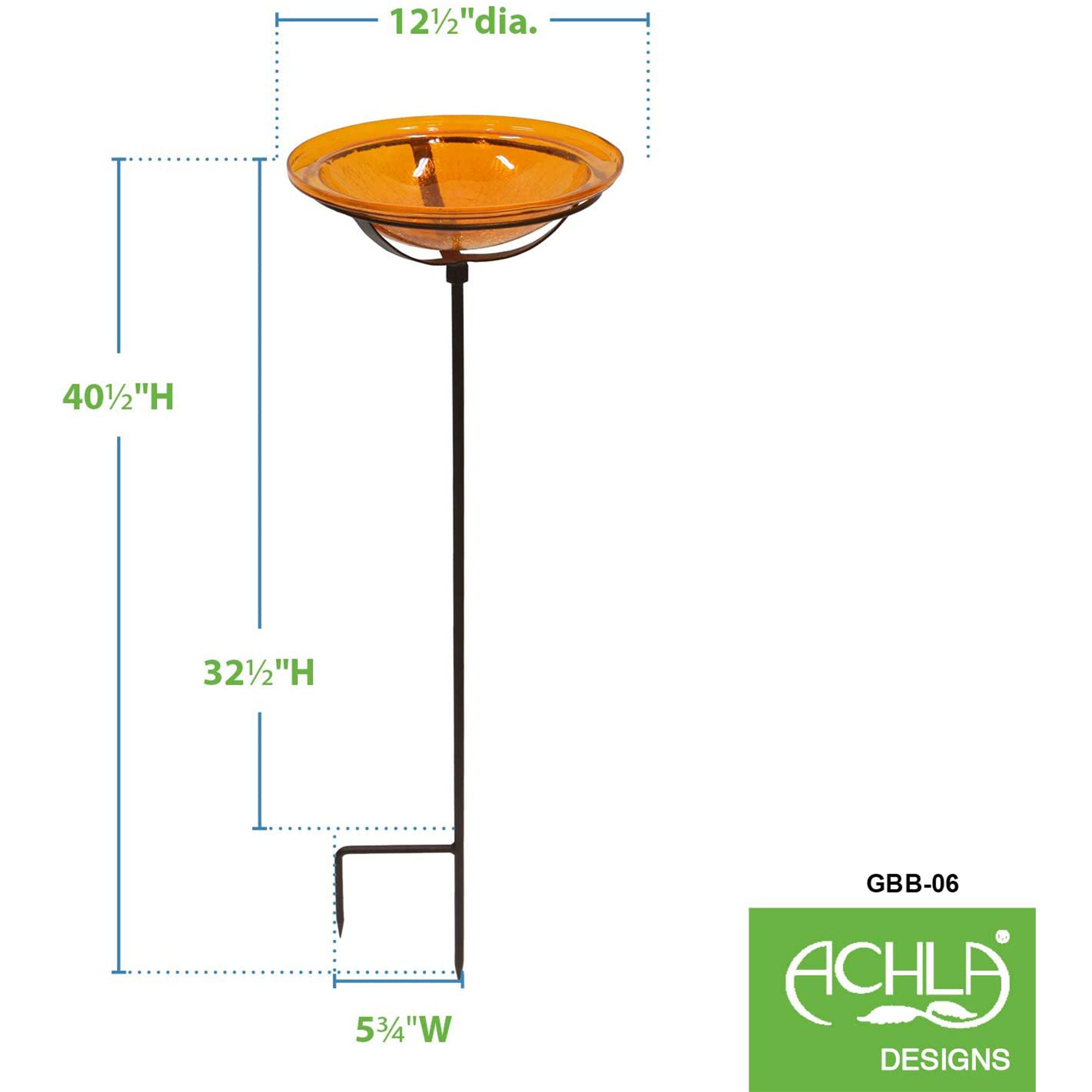 Achla Designs 12 Inch Hand Blown Crackled Glass Birdbath with Stake, Mandarin
