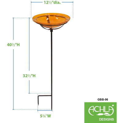 Achla Designs 12 Inch Hand Blown Crackled Glass Birdbath with Stake, Mandarin