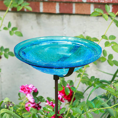 Achla Designs 12 Inch Hand Blown Crackle Glass Birdbath with Stake, Turquoise