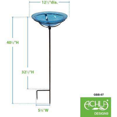 Achla Designs 12 Inch Hand Blown Crackle Glass Birdbath with Stake, Turquoise
