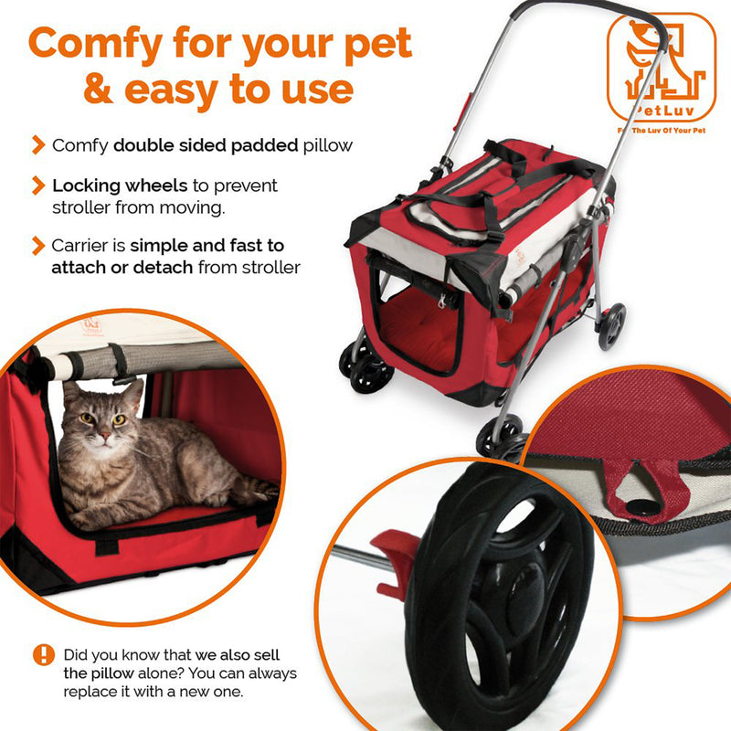PetLuv Happy Cat Premium 3-in-1 Soft Sided Detachable Pet Crate & Stroller, Red