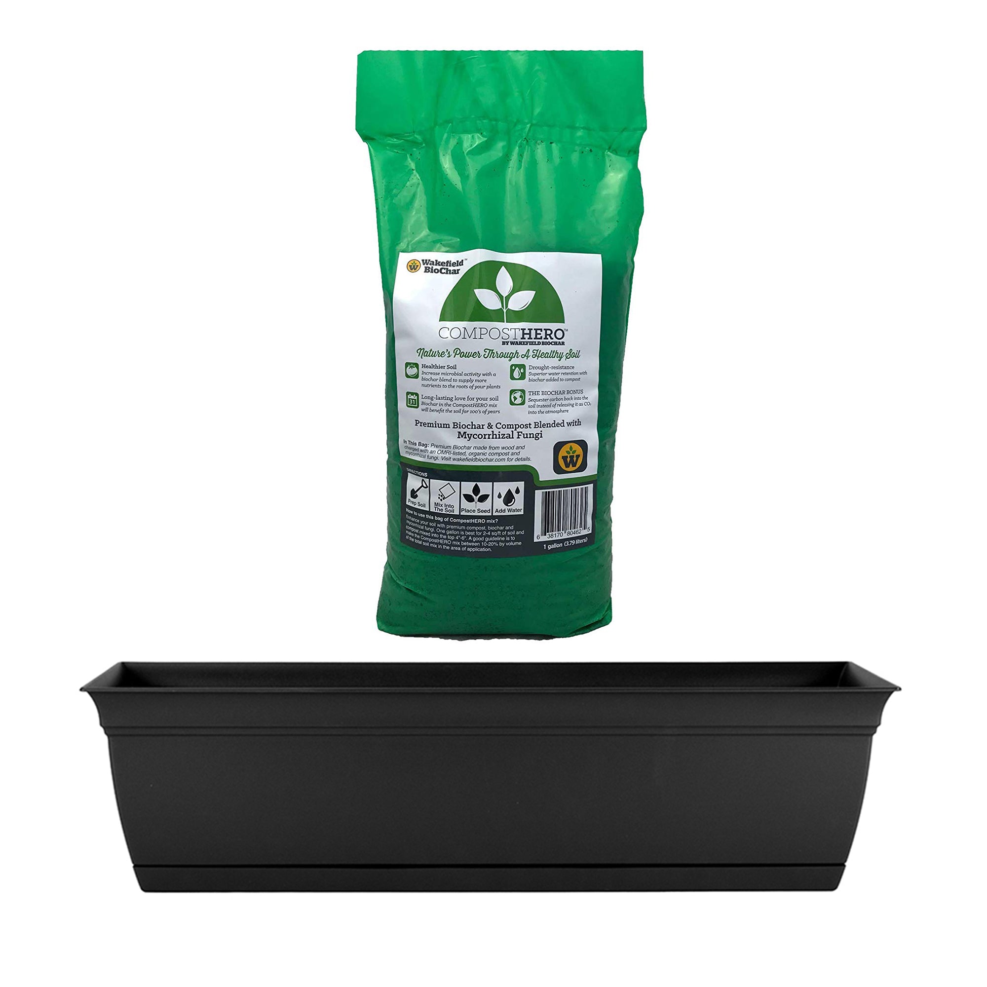 HC Companies 24 Inch Eclipse Window Box, Black & Wakefield HERO 1gal Compost