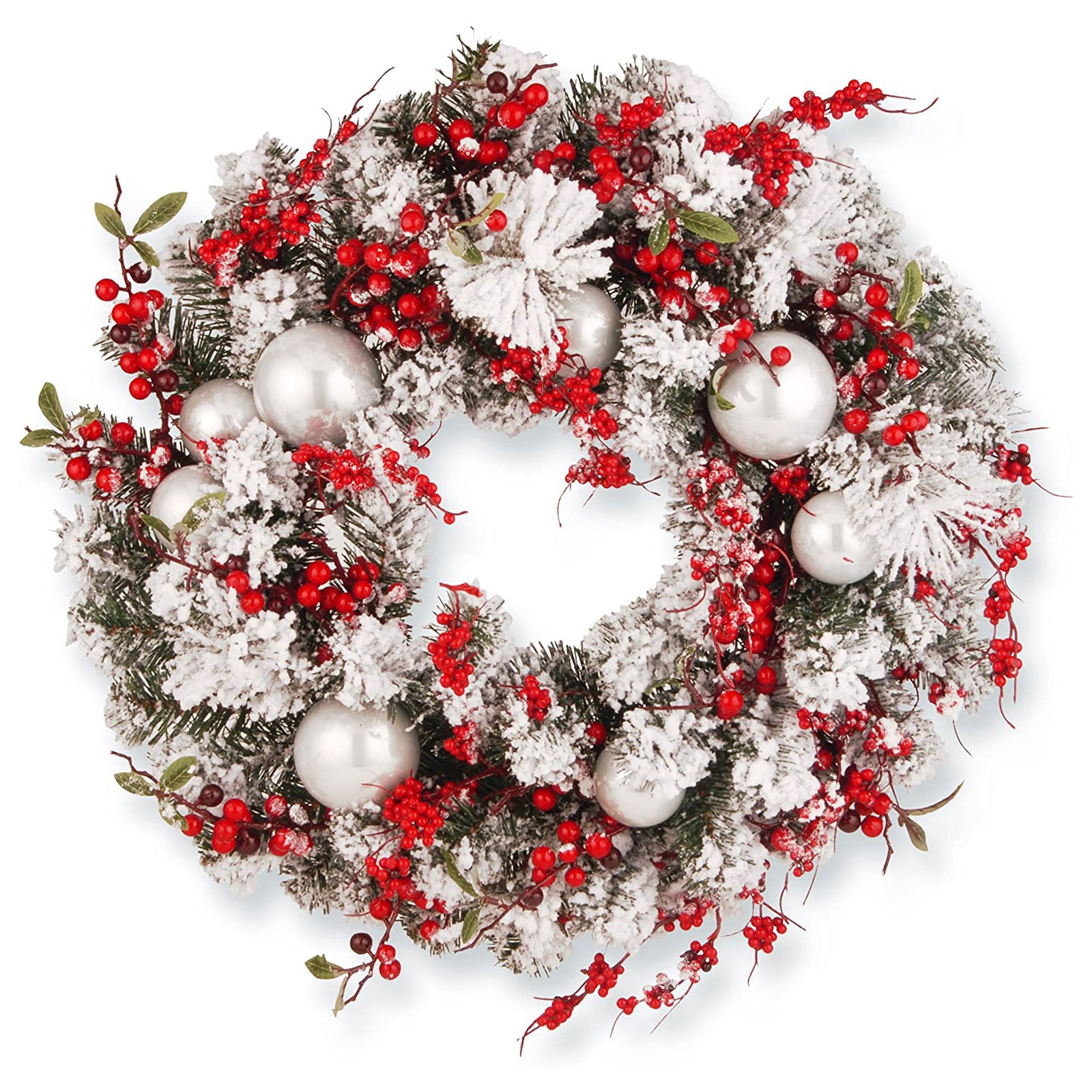 24 Inch Wreath with Frosted Branches, Ornaments, Berries (Open Box) - VMInnovations