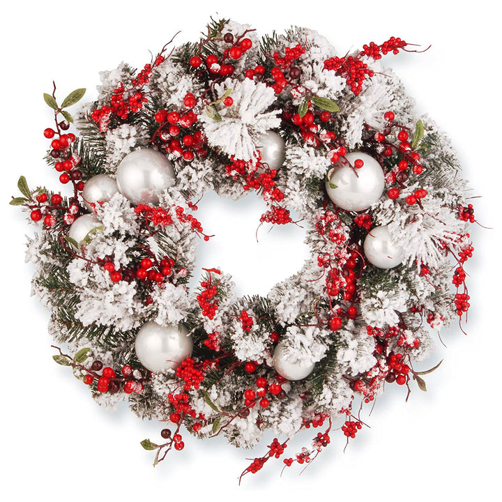 24 Inch Wreath with Frosted Branches, Ornaments, Berries (Open Box)