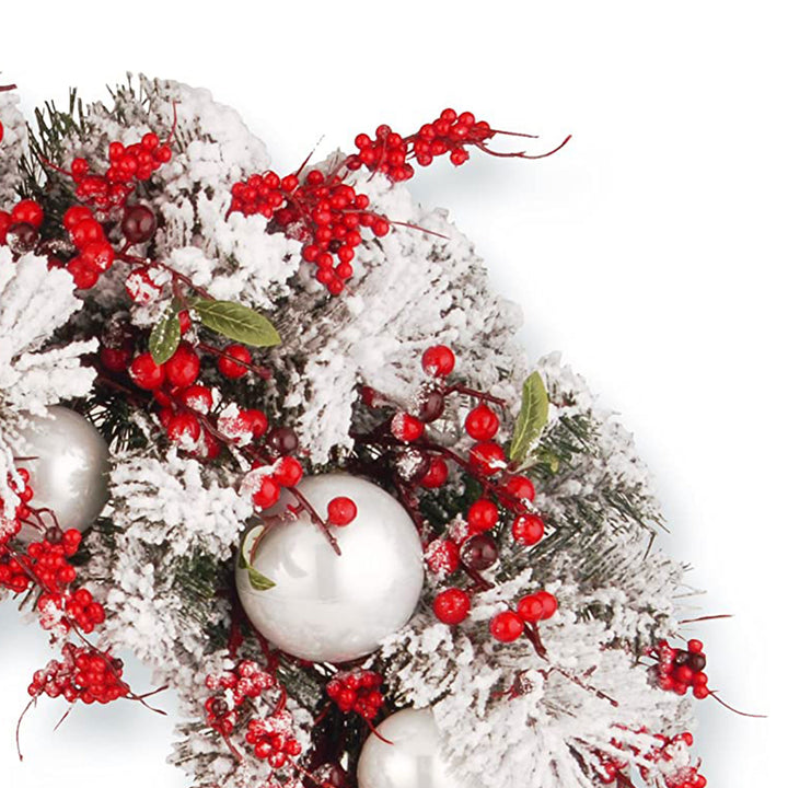 24 Inch Wreath with Frosted Branches, Ornaments, Berries (Open Box)