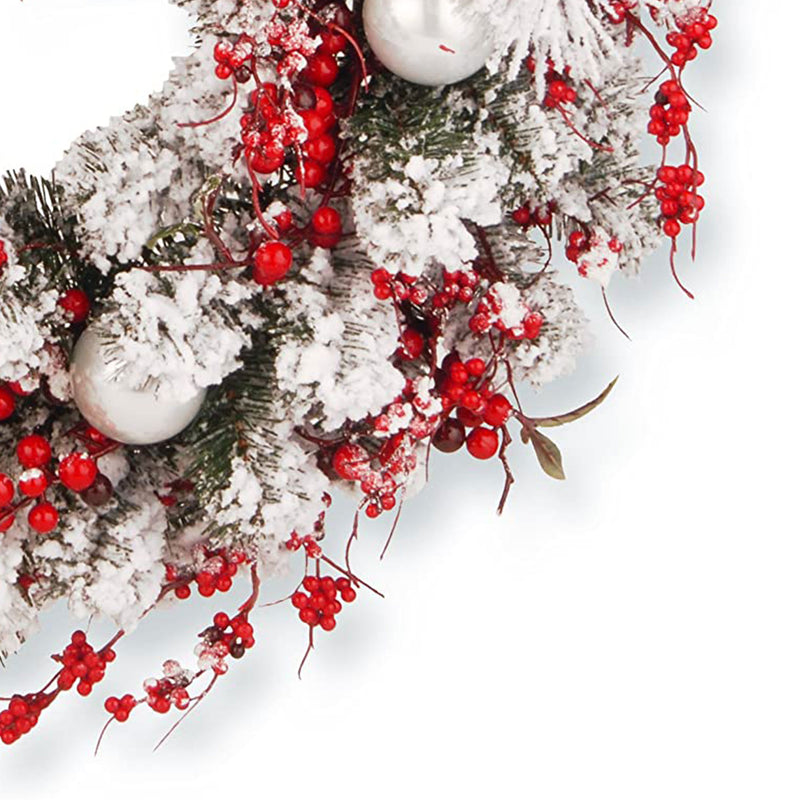 24 Inch Wreath with Frosted Branches, Ornaments, Berries (Open Box)