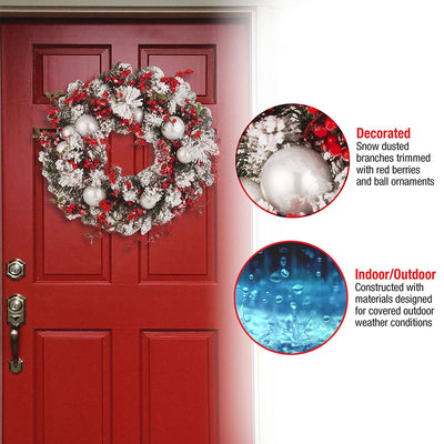 24 Inch Wreath with Frosted Branches, Ornaments, Berries (Open Box) - VMInnovations