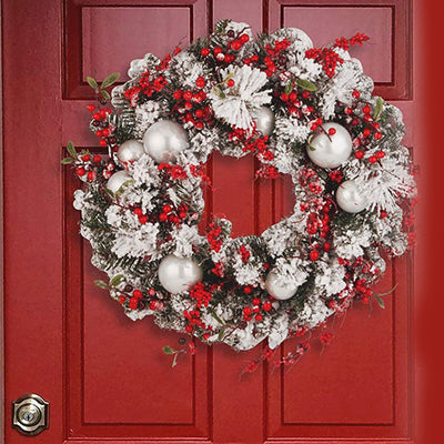 24 Inch Wreath with Frosted Branches, Ornaments, Berries (Open Box) - VMInnovations