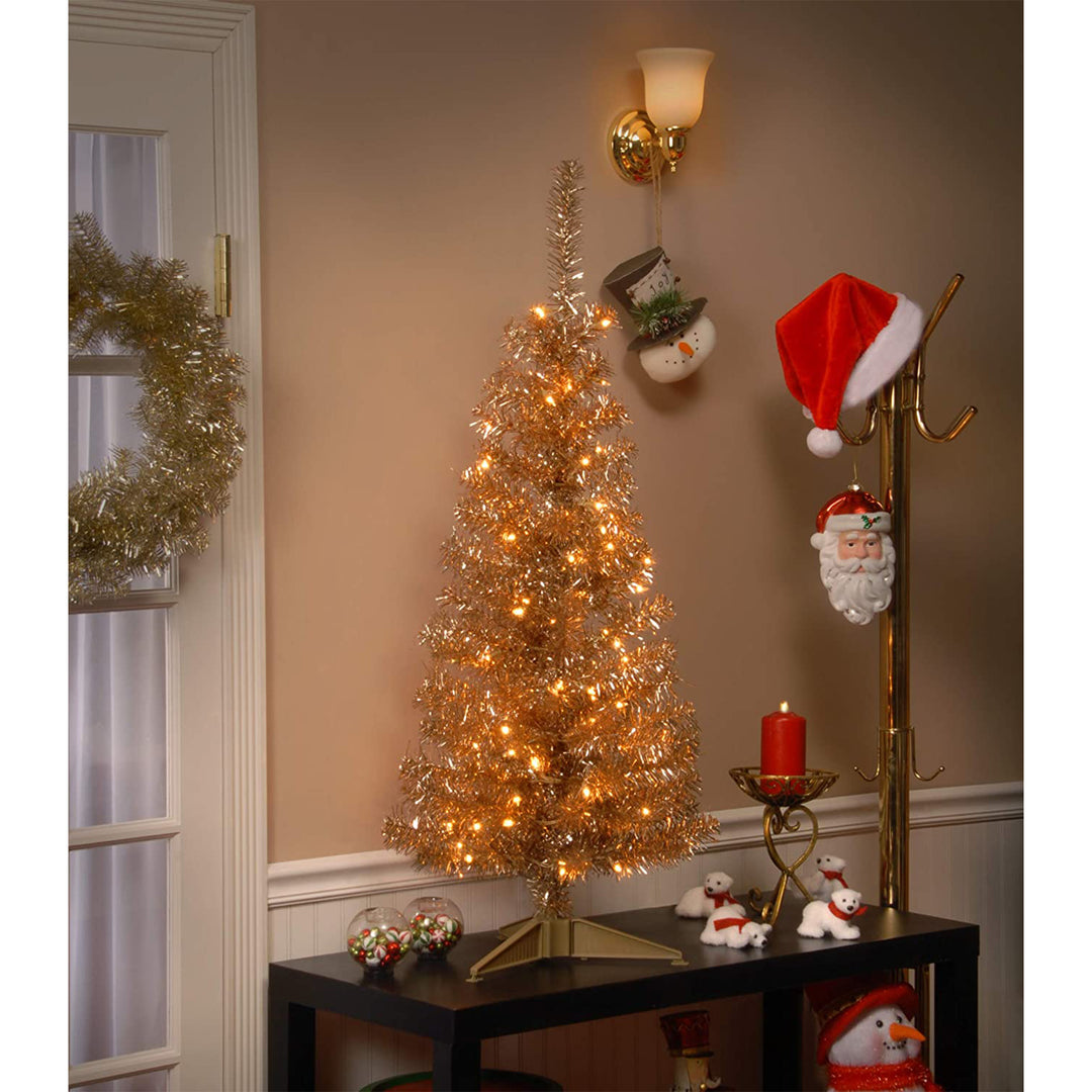 National Tree Company 4ft Prelit Tinsel Tree with Metal Stand, Gold (Used)