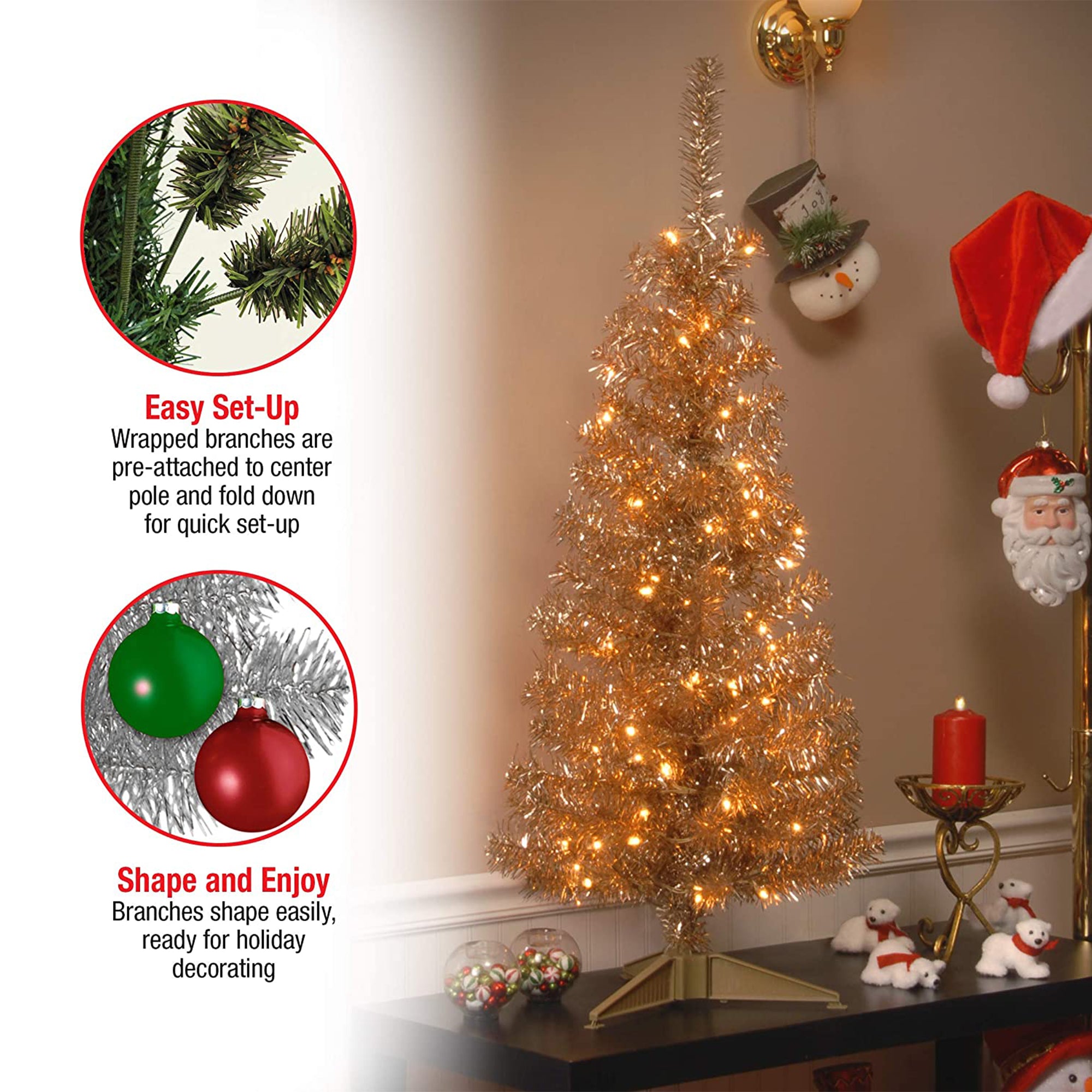 National Tree Company 4" Prelit Tinsel Tree with Metal Stand, Gold (Open Box) - VMInnovations