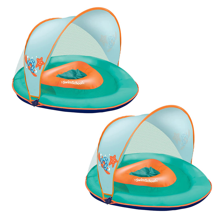 SwimSchool Baby Boat Float w/ Safety Seat & Sun Shade Canopy, Orange, 2 Pack - VMInnovations