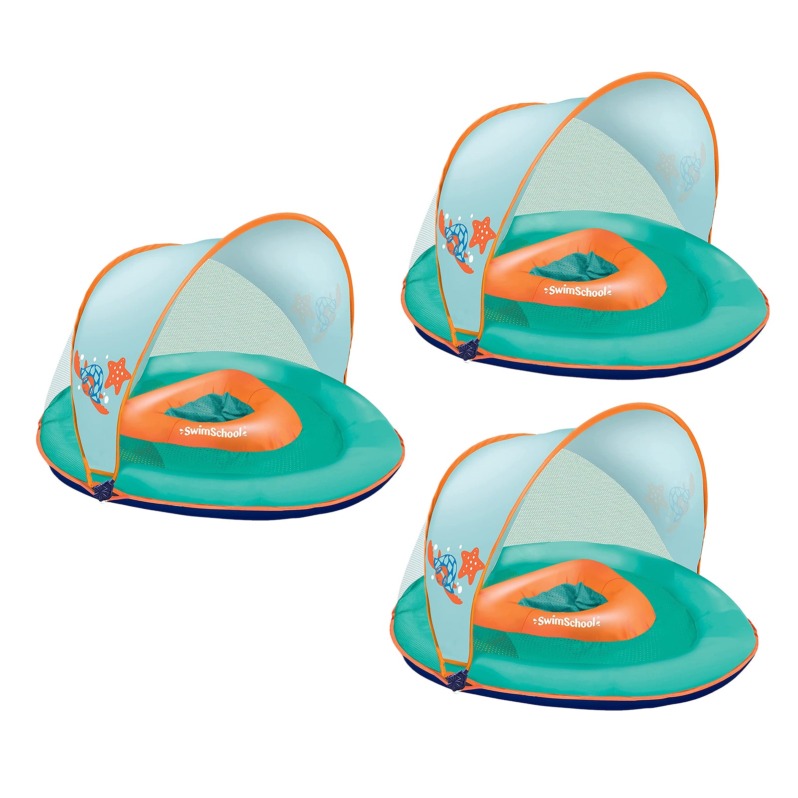 SwimSchool Baby Boat Float w/ Safety Seat & Sun Shade Canopy, Orange, 3 Pack - VMInnovations