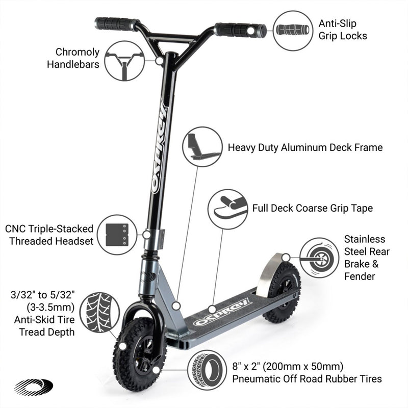Osprey All Terrain Adult Dirt Trail Scooter with Chunky Off Road Tires, Gray
