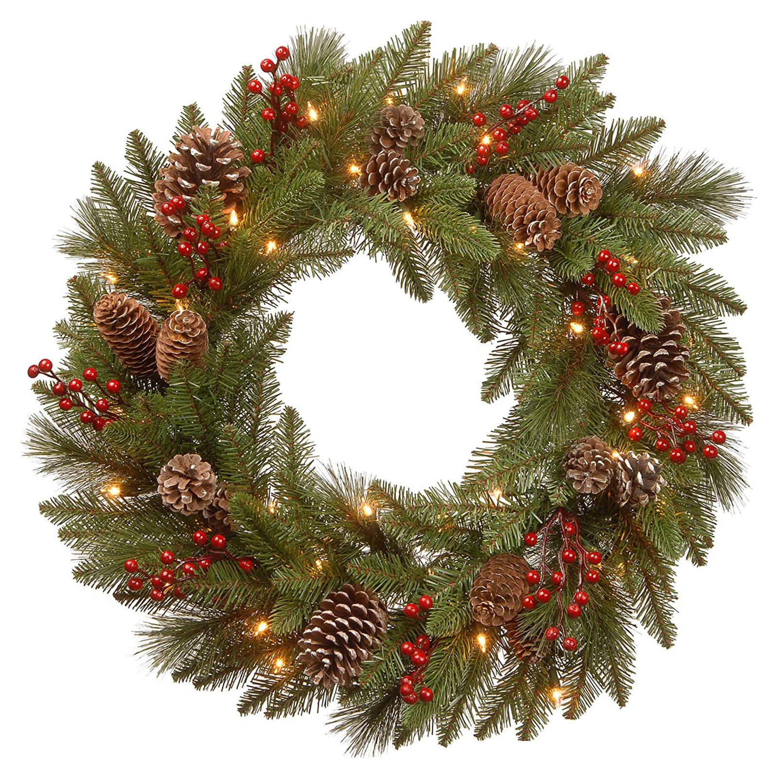 National Tree Company Bristle Berry Pine 24" Prelit Wreath, White LEDs(Open Box) - VMInnovations