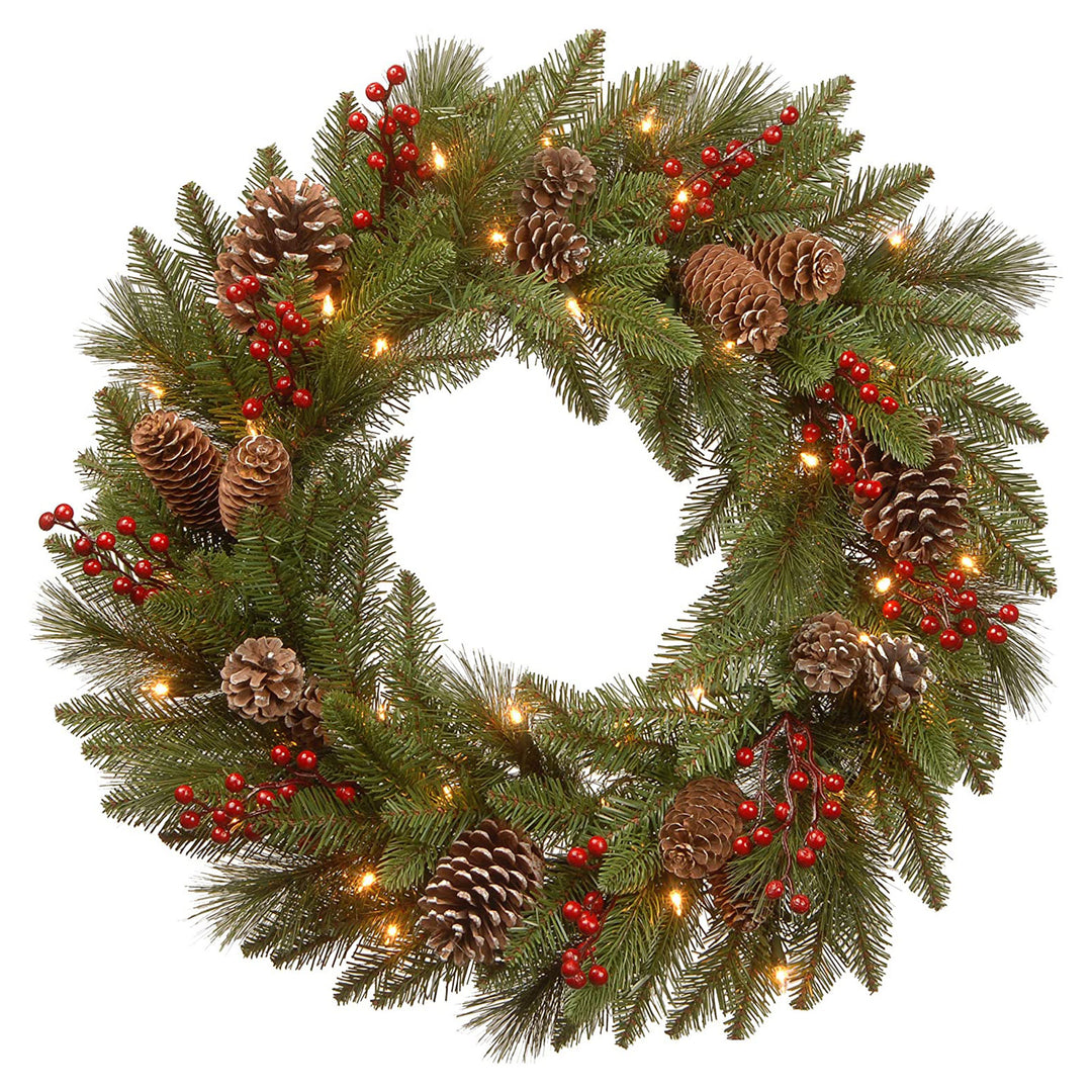National Tree Company Bristle Berry Pine 24" Prelit Christmas Wreath, LEDs(Used)