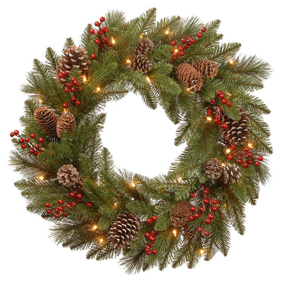 National Tree Company Bristle Berry Pine 24" Prelit Christmas Wreath, LEDs(Used) - VMInnovations