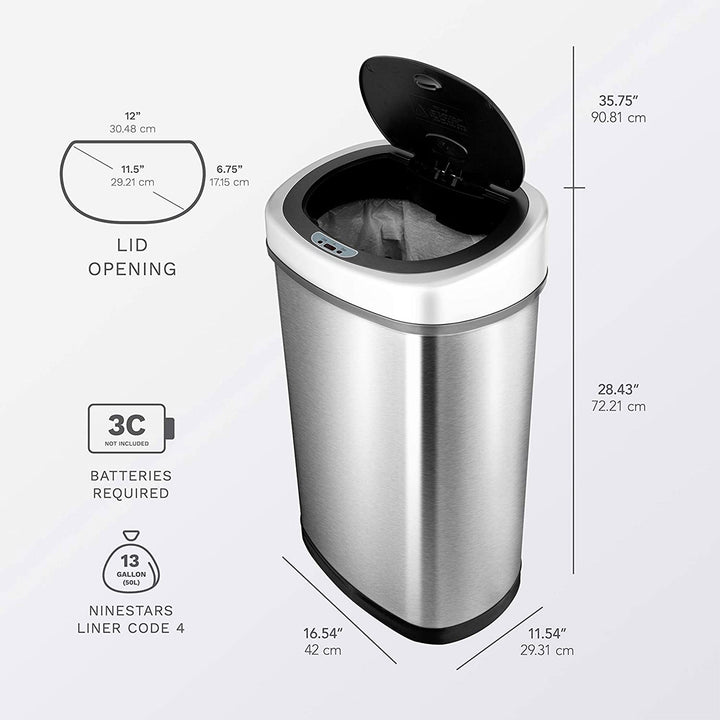 NINESTARS 13.2 Gallon Stainless Steel Hands Free Motion Sensor Garbage Trash Can