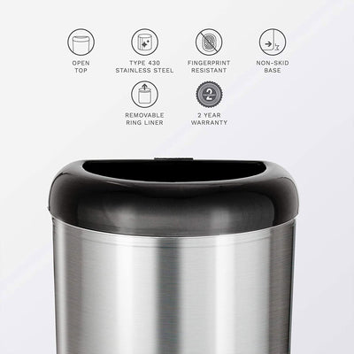 NINESTARS 13 Gal Stainless Steel Semi Round Open Top Trash Can, Silver (2 Pack)