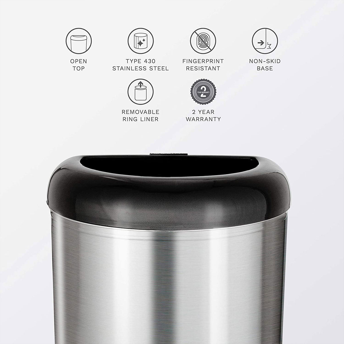 NINESTARS 13 Gal Stainless Steel Semi Round Open Top Trash Can, D Shape, Silver