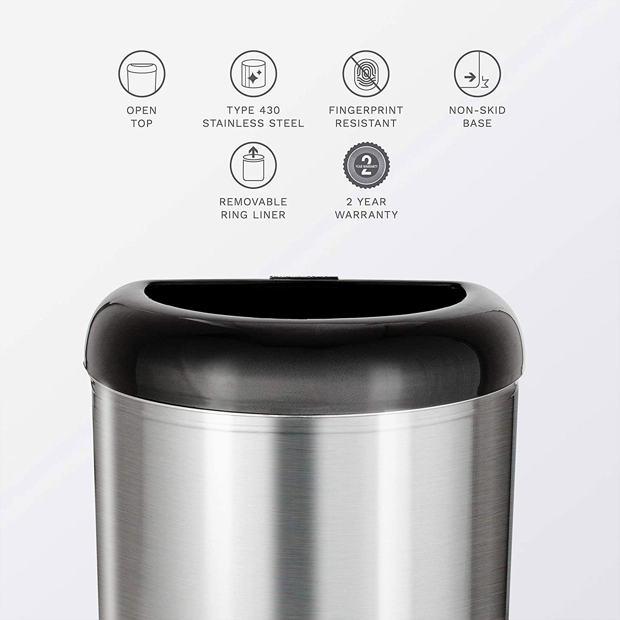 NINESTARS 13 Gal Stainless Steel Semi Round Open Top Trash Can, D Shape, Silver
