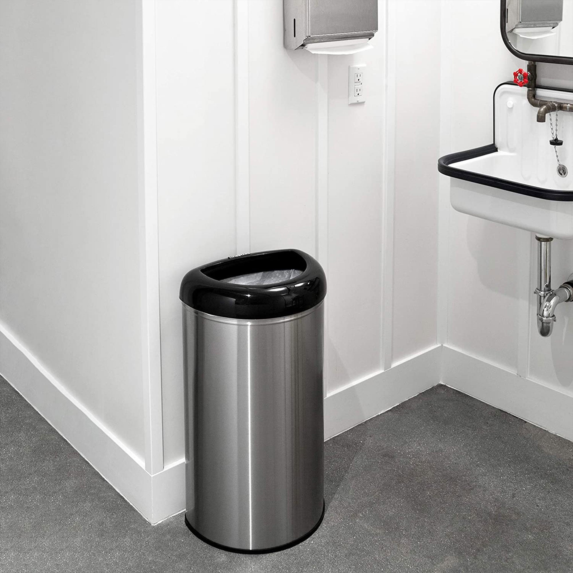 NINESTARS 13 Gal Stainless Steel Semi Round Open Top Trash Can, D Shape, Silver