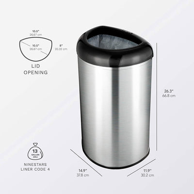 NINESTARS 13 Gal Stainless Steel Semi Round Open Top Trash Can, D Shape, Silver