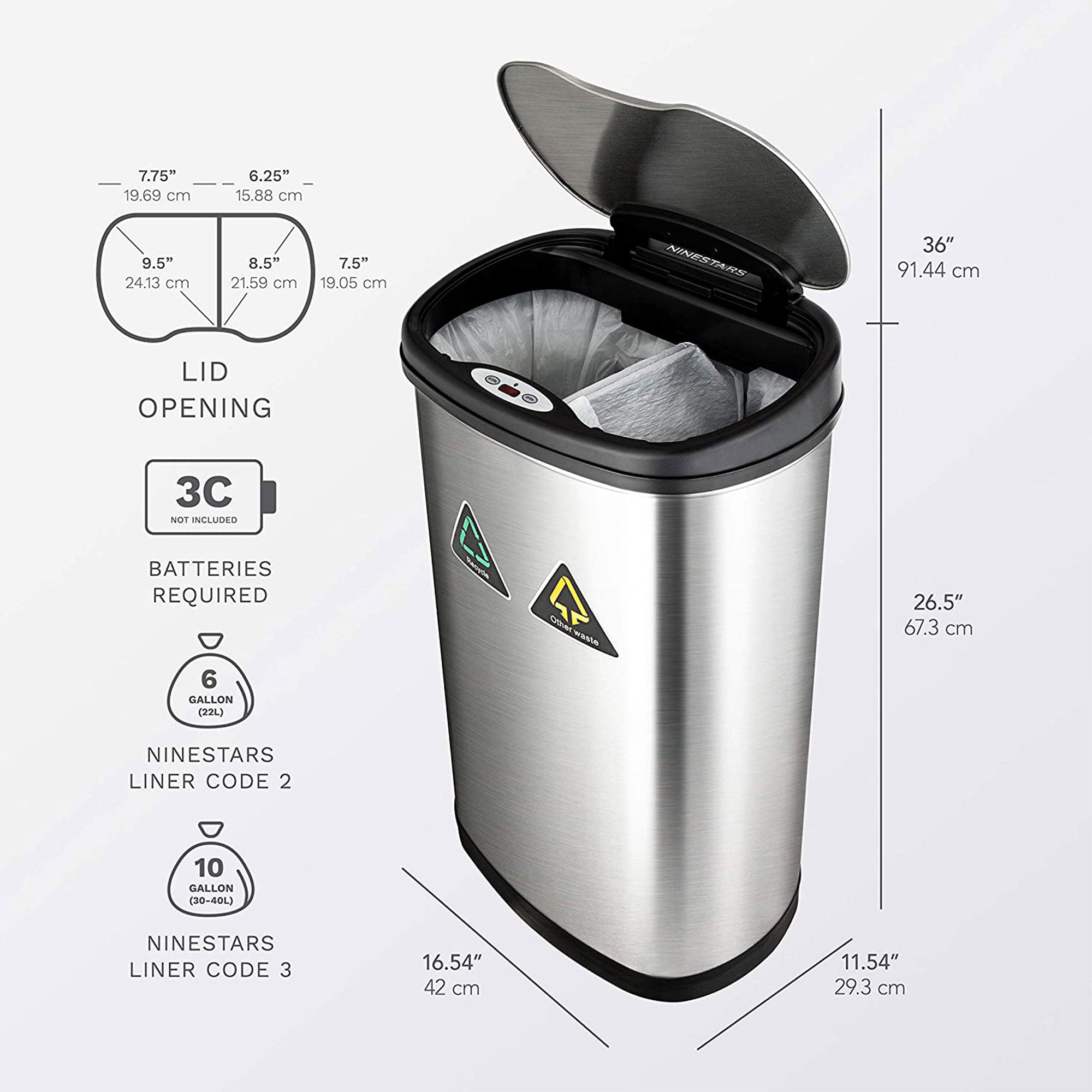 Ninestars Touchless Motion Sensor 13 Gal Trash and Recycle Can (Open Box) - VMInnovations