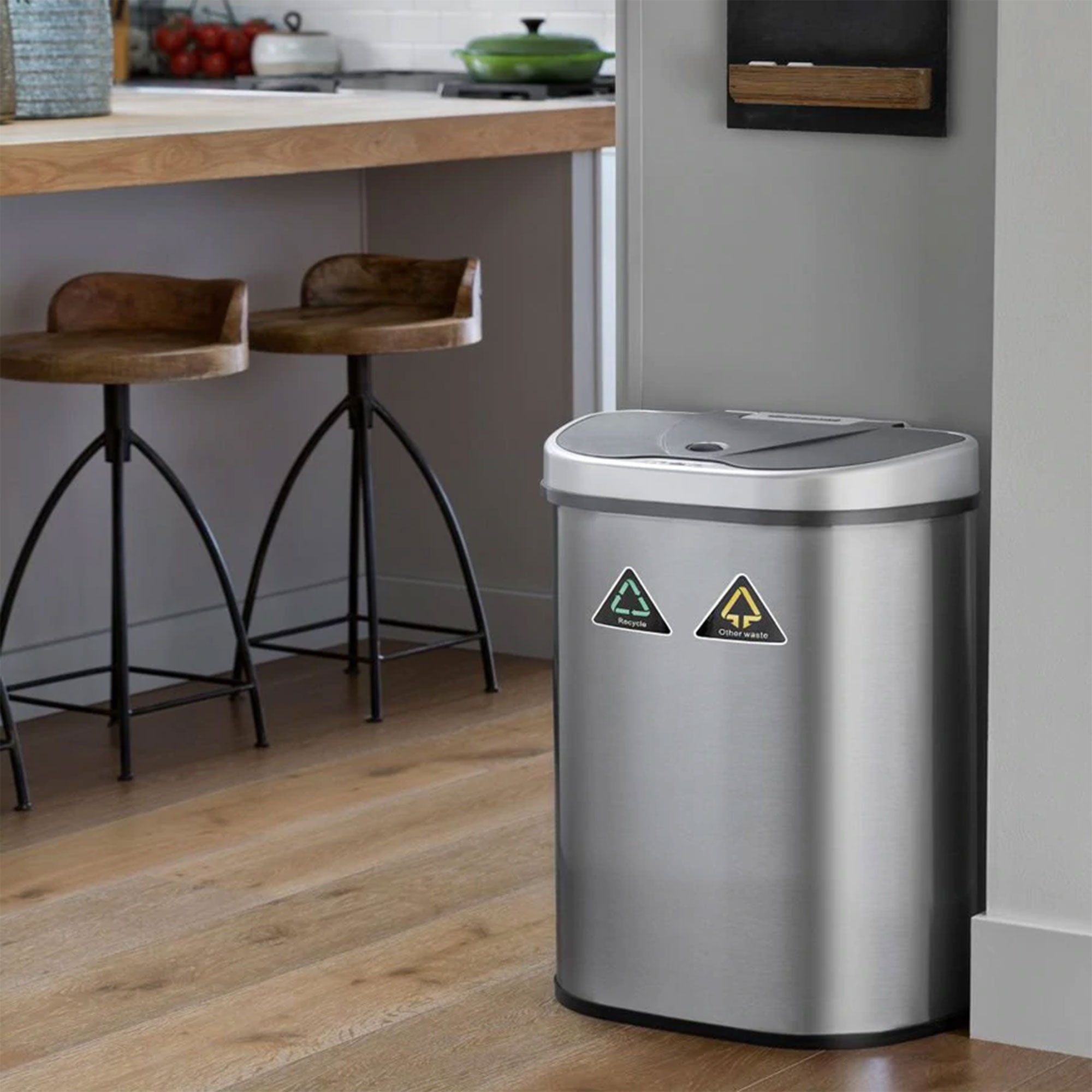 NINESTARS 18.5 Gallon Dual Compartment Motion Sensor Garbage Trash Can (2 Pack)