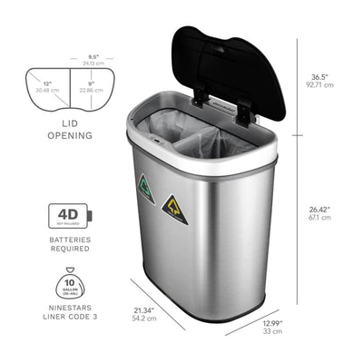 NINESTARS 18.5 Gallon Dual Compartment Motion Sensor Garbage Trash Can (2 Pack)