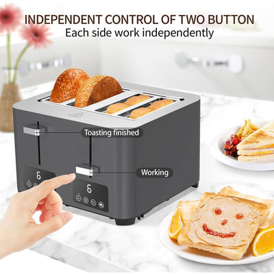 BBday 4 Slice Stainless Steel Toaster with Extra Wide Slot and LCD Display, Grey