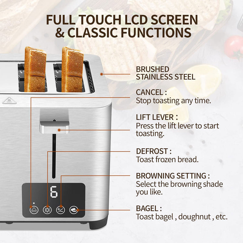 BBday 4 Slice Stainless Steel Toaster with Extra Wide Slot & LCD Display, Silver