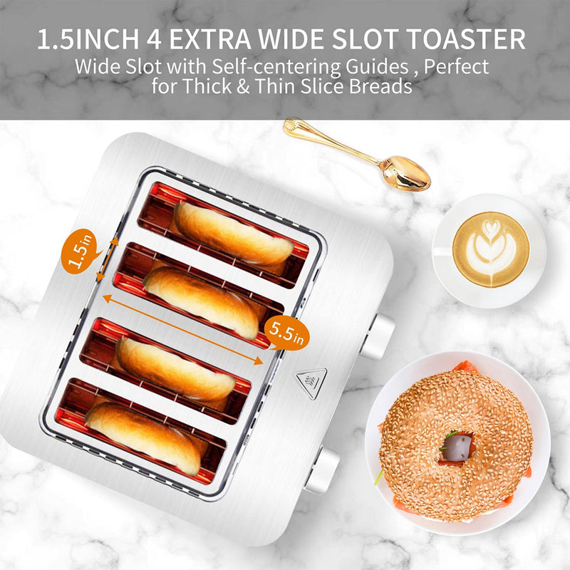 BBday 4 Slice Stainless Steel Toaster with Extra Wide Slot & LCD Display, Silver