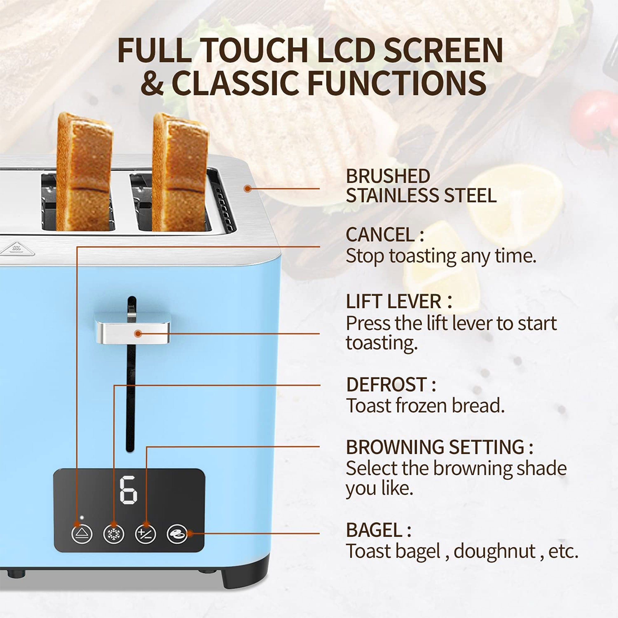 BBday 4 Slice Stainless Steel Toaster with Extra Wide Slot and LCD Display, Blue
