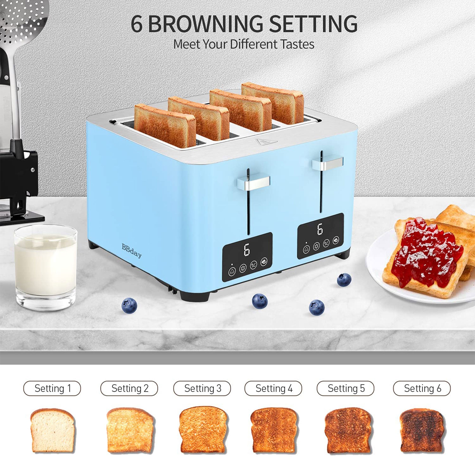 BBday 4 Slice Stainless Steel Toaster with Extra Wide Slot and LCD Display, Blue