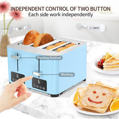 BBday 4 Slice Stainless Steel Toaster with Extra Wide Slot and LCD Display, Blue