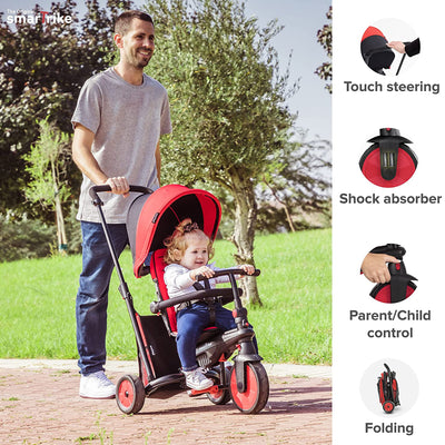 smarTrike 5 in 1 Modular Toddler Stroller Tricycle with 1 Handed Steering, Red