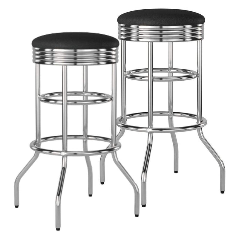 Trinity 30 Inch Double Ring Faux Leather Swivel Seat Bar Stools, 2 Pack, Chrome