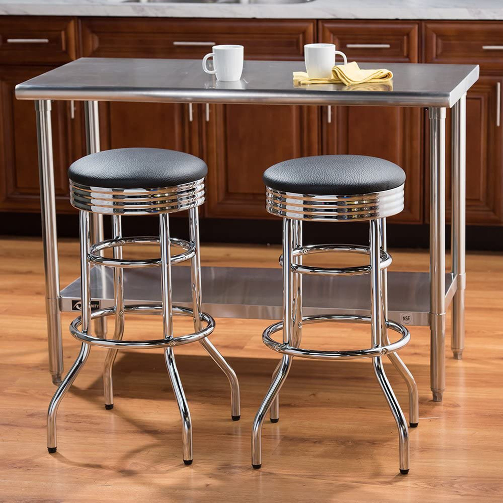 Trinity 30 Inch Double Ring Faux Leather Swivel Seat Bar Stools, 2 Pack, Chrome