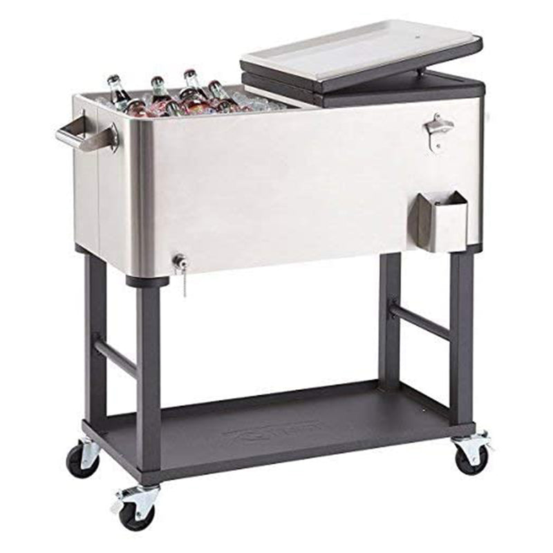 TRINITY 80 Qt Stainless Steel Cooler/Ice Cart w/ Shelf, Wheels, & Bottle Opener