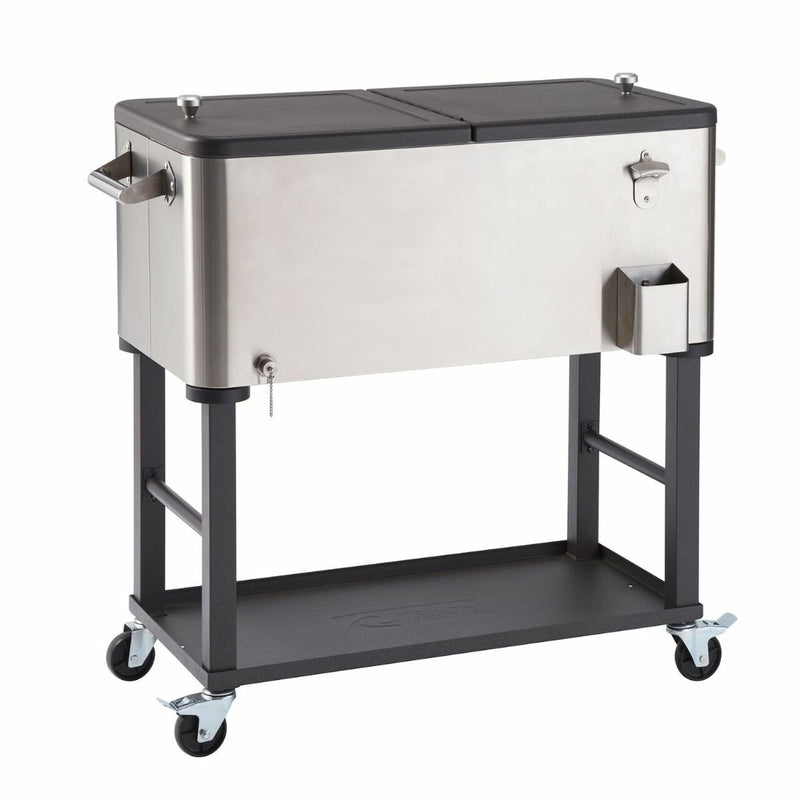 TRINITY 80 Qt Stainless Steel Cooler/Ice Cart w/ Shelf, Wheels, & Bottle Opener